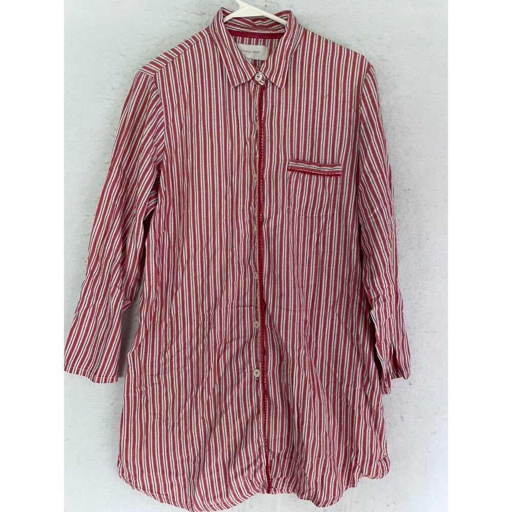 Victoria's Secret SLEEP Button SHIRT gown sleepshirt women's L red stripe Lurex